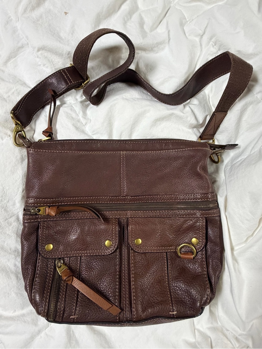 Fossil Dark Brown Leather Multi-Pocket Crossbody